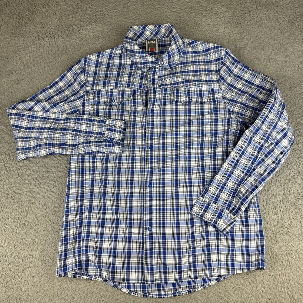 Helly Hansen‎ Men's Shirt Size Small Long Sleeve Button plaid blue gray Outdoor